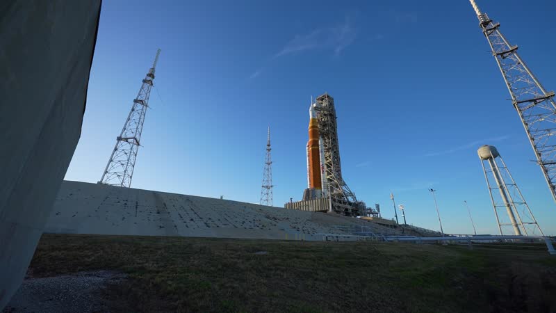 Sun sets on Full Artemis II Stack at Launch Pad 39B broll